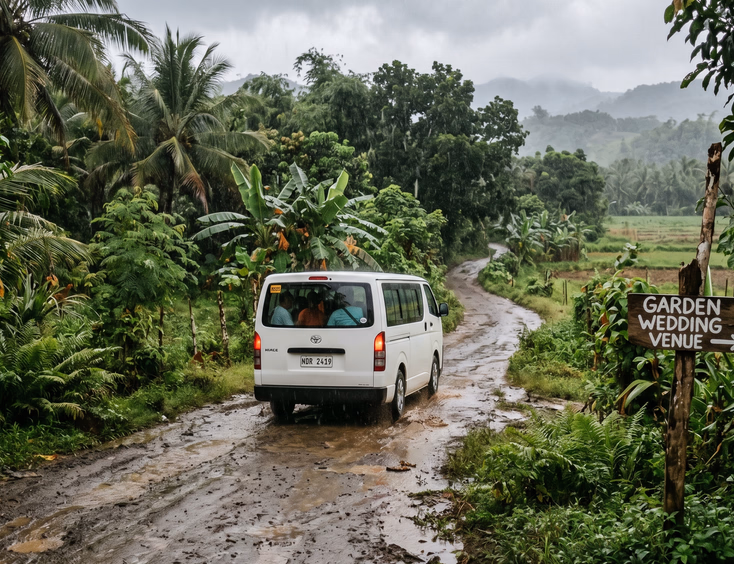White Toyota HiAce van driving along a narrow unpaved provincial road surrounded by lush green tropical trees and farmland in the Philippine countryside in light rain with a wooden sign pointing toward a garden wedding venue