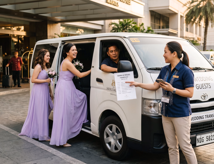 Filipino wedding coordinator holding a phone and printed schedule beside a white van in a hotel driveway with two Filipino bridesmaids in lavender dresses stepping in while the coordinator points at the schedule at morning golden hour
