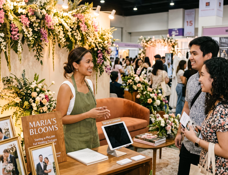 Filipino wedding florist welcoming an engaged couple at her booth during a Manila bridal fair.