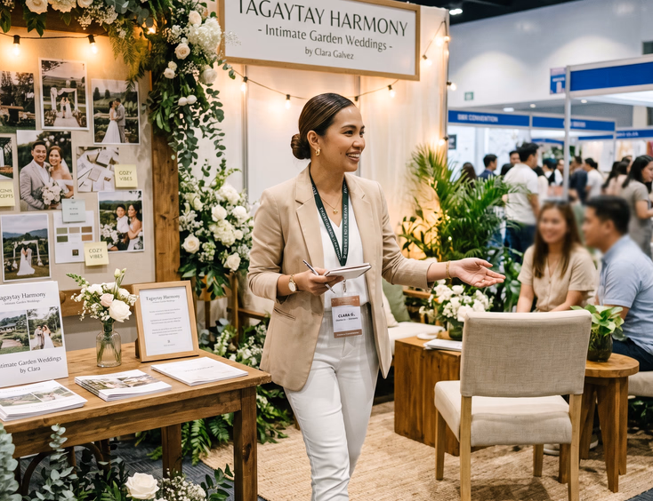 Filipino wedding coordinator walking through her garden-themed booth at a Pasay convention center wedding fair.