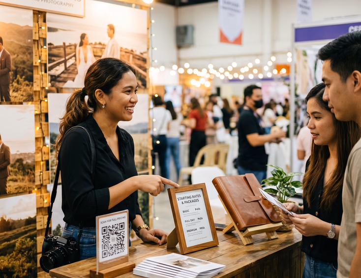 Filipino wedding photographer showing her pricing packages to engaged couples at a Cebu wedding expo booth.