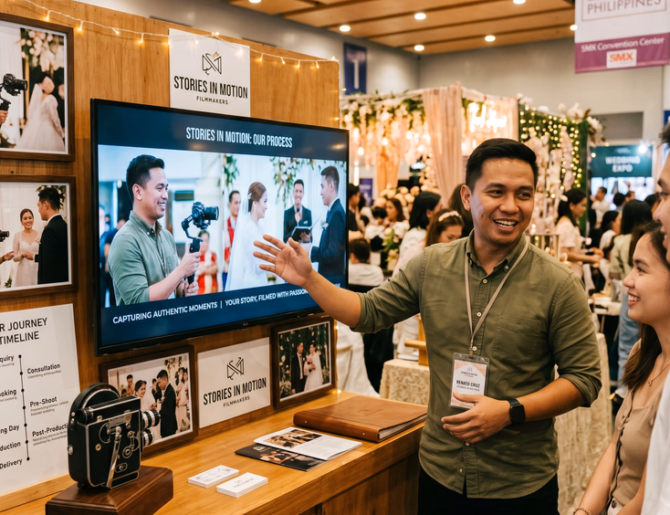 Filipino wedding videographer showcasing a behind-the-scenes video reel at his Manila wedding fair booth.