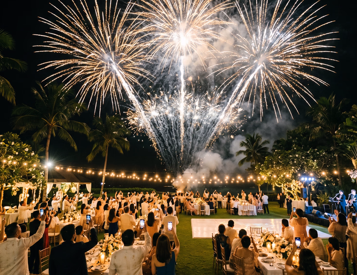 Filipino bride in modern terno and groom in barong tagalog watching gold and pink fireworks at a tropical garden wedding at night.