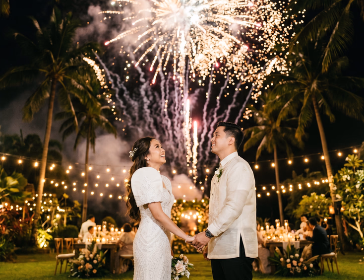Filipino wedding guests at an outdoor reception watching a grand finale of gold and silver fireworks over a tropical lawn at night.