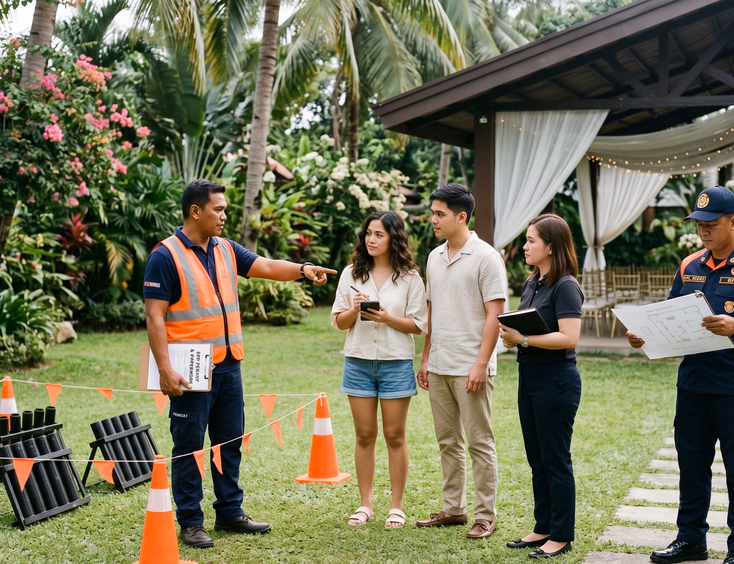Professional pyrotechnics operator and BFP officer reviewing fireworks safety permits and staging areas with a Filipino couple at a garden wedding venue.