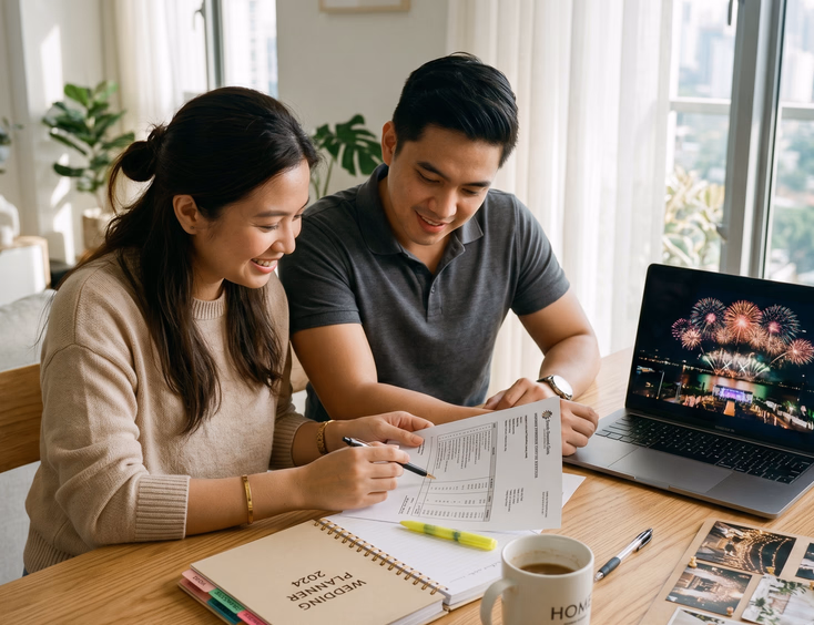 Filipino couple reviewing wedding fireworks supplier quotations and video portfolio on a laptop during the planning process.