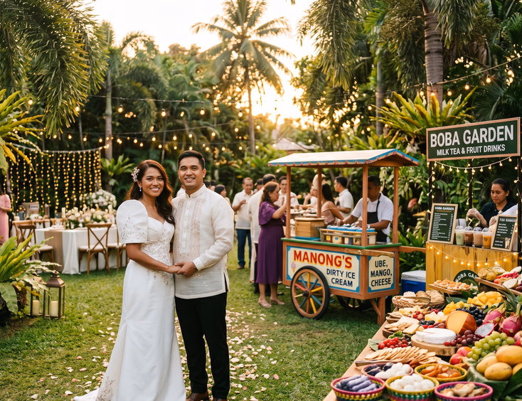 Filipino bride and groom standing at an outdoor garden wedding reception in the Philippines with colorful food carts, a sorbetes cart, milk tea station, and grazing table filled with cheeses, fruits, and kakanin under warm golden hour lighting and string lights