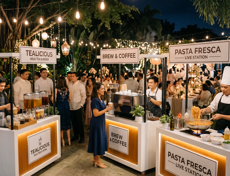 Filipino female guest ordering from an espresso barista cart beside a live pasta cooking station and milk tea cart at a modern Filipino wedding reception at night with warm string light ambiance and guests in semi-formal attire