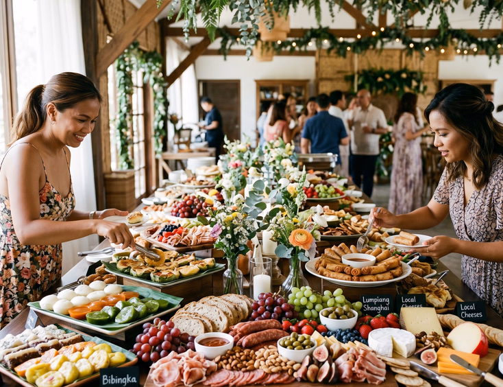 Large Filipino wedding grazing table overflowing with charcuterie, local cheeses, lumpiang shanghai, kakanin, puto, fruits, and flowers with two Filipino female guests reaching for food in a rustic-elegant venue with wooden beams and greenery garlands