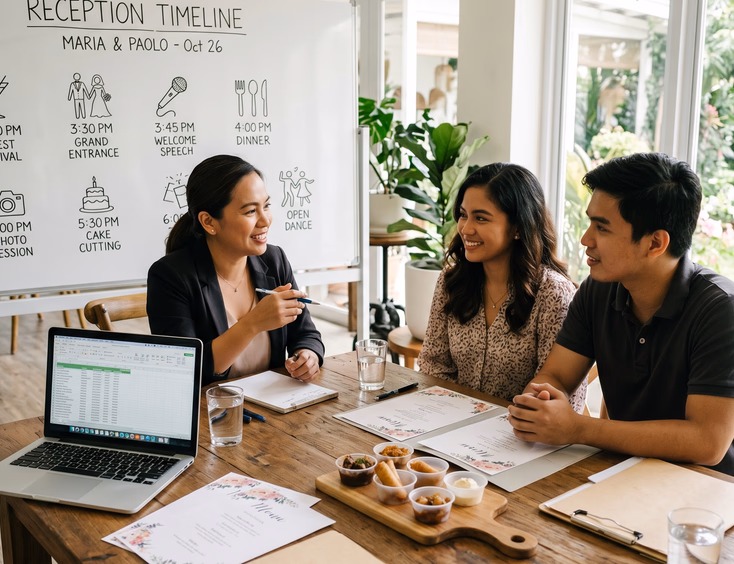Filipino couple seated with a female event coordinator during a wedding planning session reviewing printed menus, food samples, and a reception timeline whiteboard with cart icons in a bright airy indoor setting