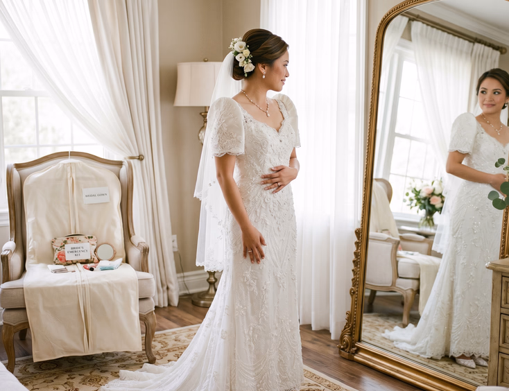 Filipino bride in white wedding gown gently touching her gown fabric while looking at a full-length mirror in a softly lit bridal suite with sheer curtains, a breathable garment bag, and a small emergency kit on a nearby chair