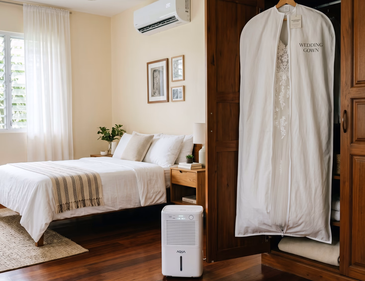 White wedding gown hanging inside a breathable cotton garment bag in a clean air-conditioned Filipino bedroom with a portable dehumidifier beside a wooden closet and soft ambient lighting