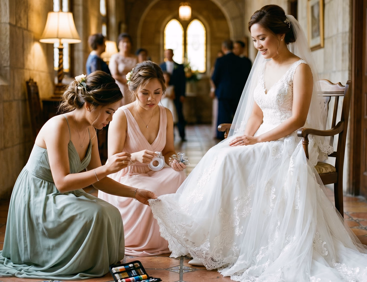 Two Filipino bridesmaids in pastel dresses kneeling behind a seated Filipino bride as one stitches a hem tear with a mini sewing kit and the other holds fashion tape and safety pins in a warmly lit church hallway
