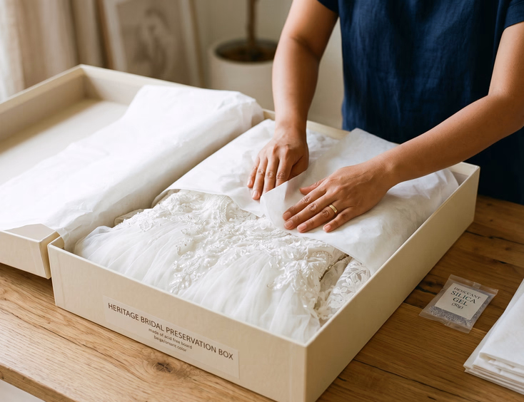Filipino hands carefully wrapping a white wedding gown in acid-free tissue paper inside an open preservation box with silica gel packets and folded tissue on a clean wooden table under soft overhead lighting