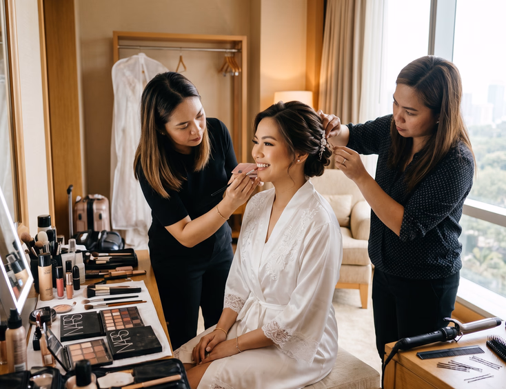 Filipino bride getting ready at vanity mirror with makeup artist applying lipstick and hairstylist pinning updo in bright hotel room with soft morning light