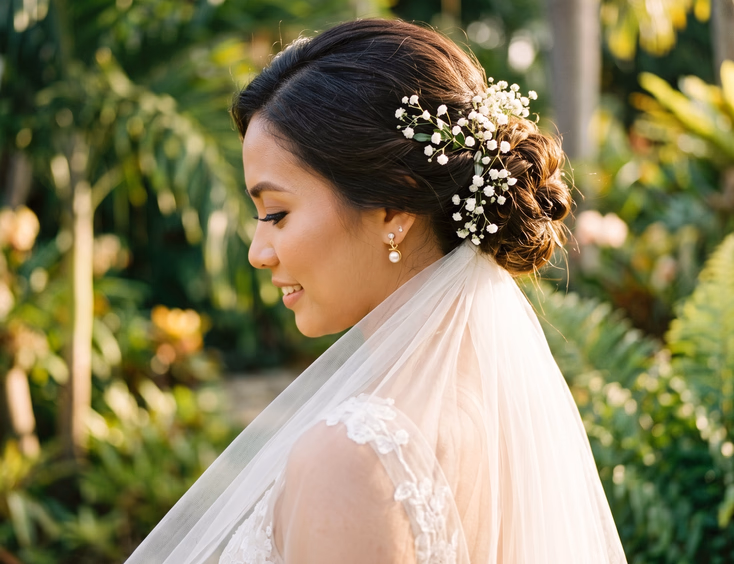 Side profile of Filipino bride with textured low bun and baby's breath flowers wearing sheer cathedral veil in golden hour light with blurred tropical garden background