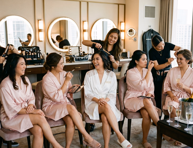 Five Filipino bridesmaids in blush pink robes sitting in a row during hair and makeup prep in bright hotel suite with lighted vanity mirrors and champagne flutes