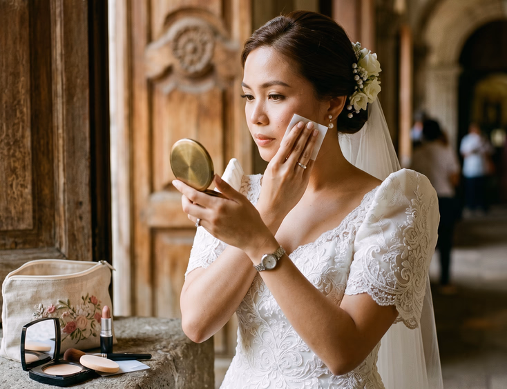 Filipino bride touching up her makeup with oil blotting sheet and compact mirror in a warmly lit church corridor with bridal touch-up pouch open beside her