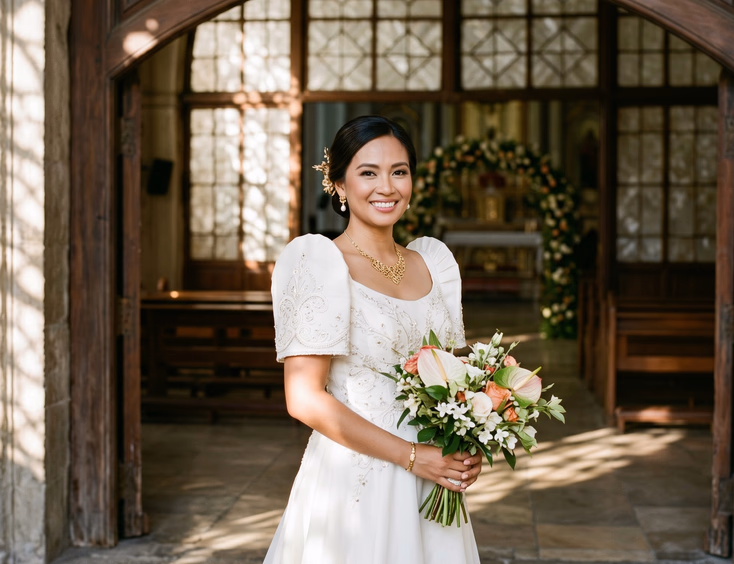 Filipino bride in white terno gown standing in sunlit church doorway with capiz shell windows, soft geometric light patterns, editorial wedding photography