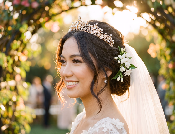 Filipino bride wearing crystal and gold tiara with cathedral-length tulle veil and fresh sampaguita flowers in loose updo, golden hour garden arch background, editorial wedding photography