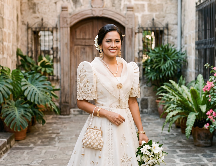 Filipino bride in traditional Maria Clara gown with butterfly sleeves and panuelo in Spanish colonial courtyard, gold filigree earrings and pearl rosary necklace, editorial wedding photography