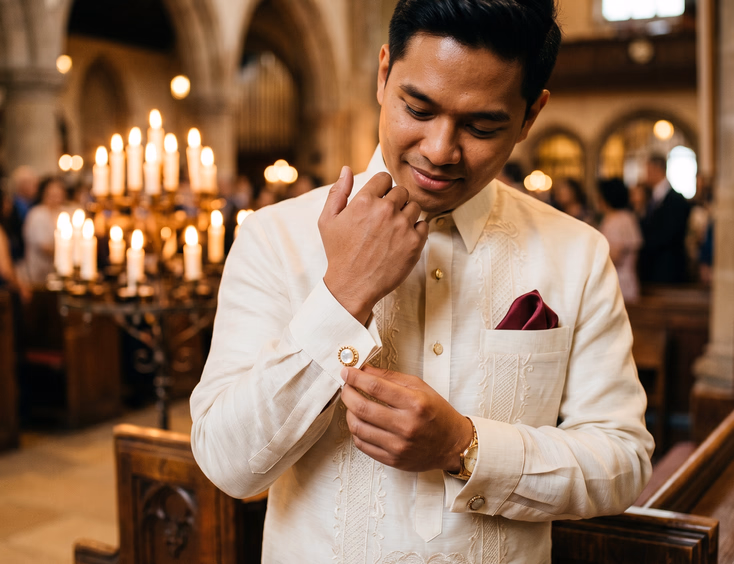 Filipino groom in cream barong tagalog adjusting gold mother-of-pearl cufflink beside wooden church pew, warm candlelight background, editorial wedding photography
