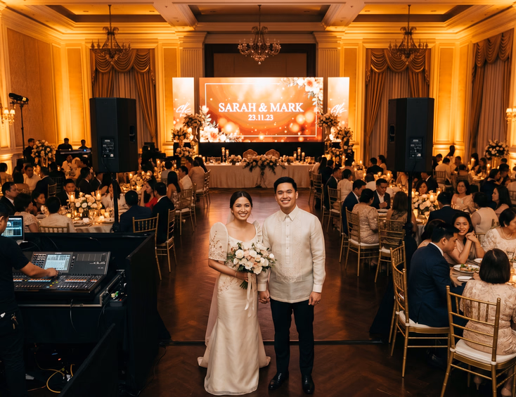 Filipino couple at grand hotel ballroom wedding reception with golden uplighting and LED wall backdrop