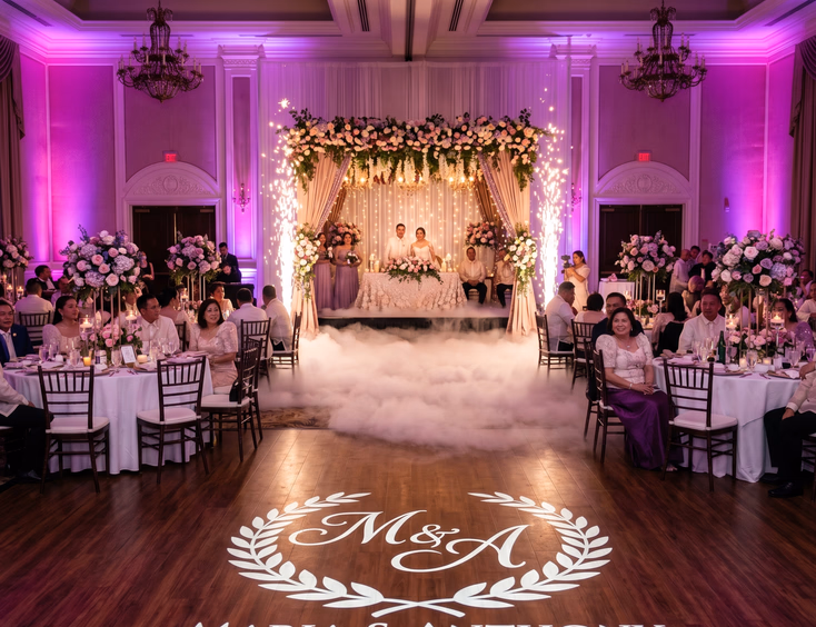 Filipino wedding reception hall with purple and blush pink LED uplights, gobo monogram, cold sparks, and low-lying fog on stage