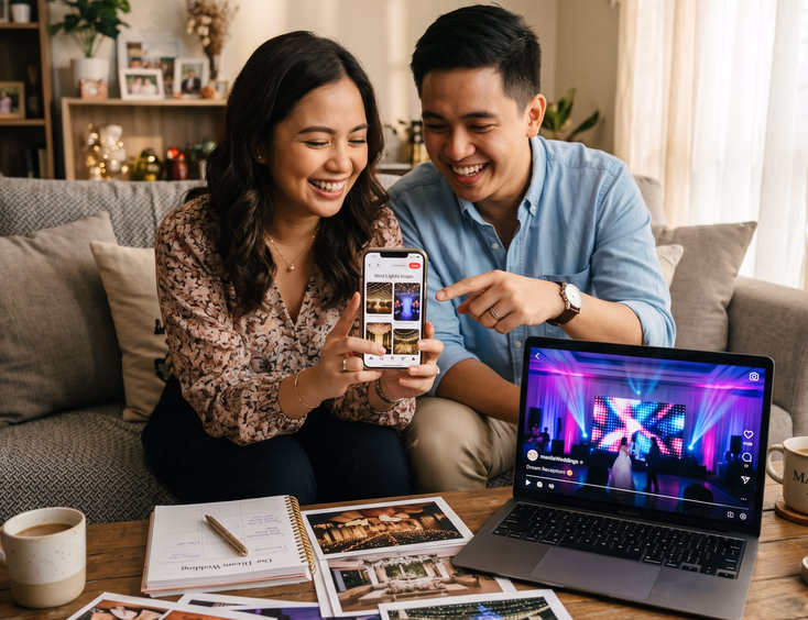 Filipino couple browsing wedding lighting ideas on smartphone and laptop with Pinterest and Instagram inspiration