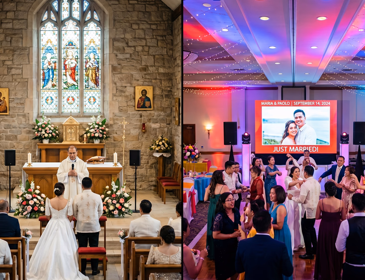 Split image comparing simple Filipino church wedding ceremony with discreet speakers versus vibrant LED-lit wedding reception with guests dancing