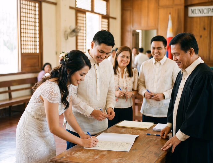 Filipino bride and groom signing a marriage certificate with a judge inside a Philippine municipal hall.