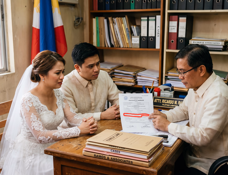 Concerned Filipino couple in wedding attire consulting a Manila lawyer about their marriage certificate.