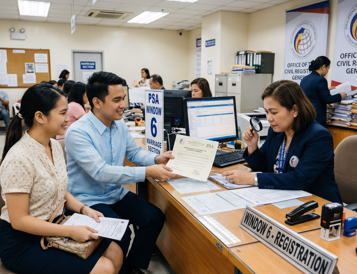 Filipino couple submitting a Certificate of Authority to Solemnize Marriage document at a PSA office counter.