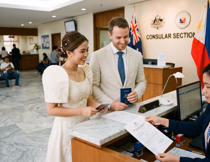 Filipina bride and foreign groom presenting a Certificate of Legal Capacity to Contract Marriage at an embassy in Manila.