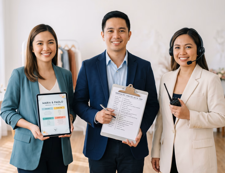 Three Filipino wedding professionals in modern Manila studio holding tablet, clipboard, and headset