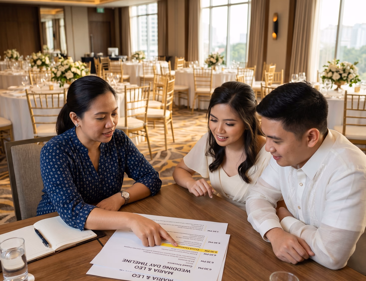 Filipino wedding coordinator reviewing printed timeline with bride and groom in Manila hotel function room