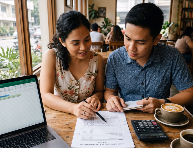 Filipino couple comparing wedding prices at cafe table with printed sheet, laptop, and calculator