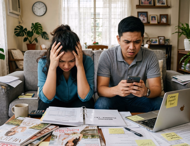 Stressed Filipino couple overwhelmed by wedding planning surrounded by magazines and contracts at home