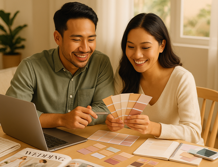 Couple planning their wedding at a table filled with color swatches, magazines, and a laptop.
