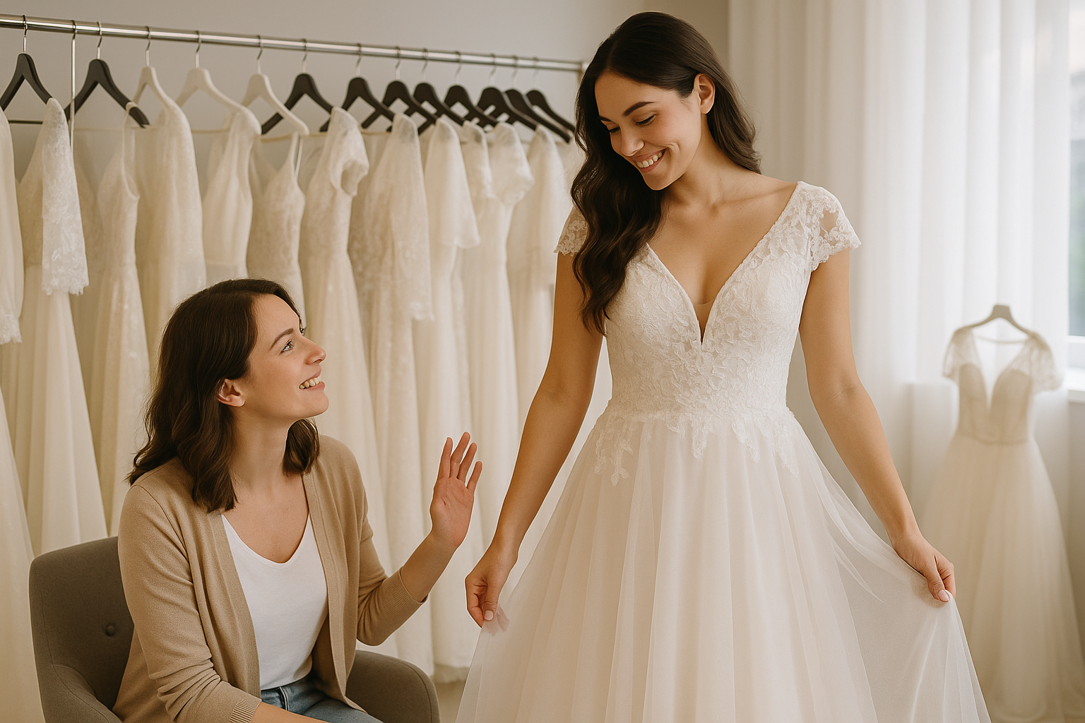 Bride-to-be trying on wedding dresses in a boutique with supportive friend.