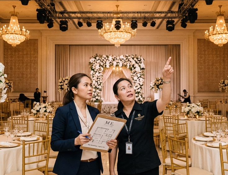 Filipino wedding stylist and venue coordinator inspecting an elegant Manila ballroom setup with tall white floral centerpieces, gold chiavari chairs, and a freestanding floral arch on stage