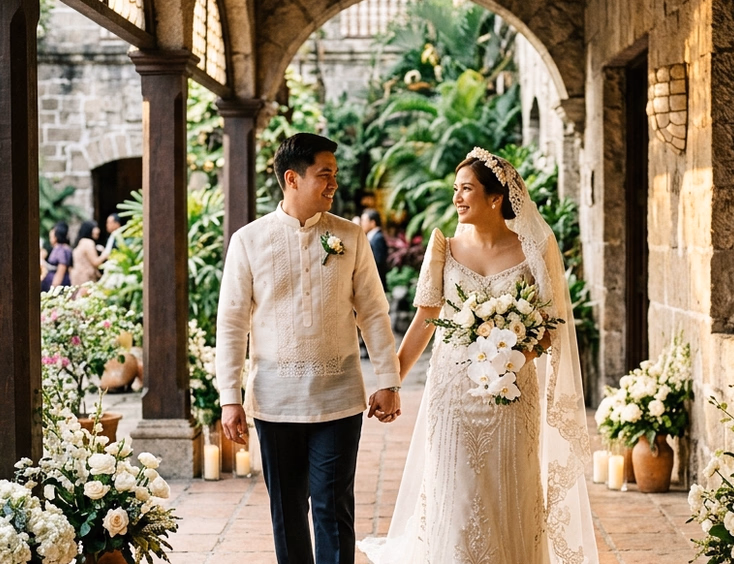 Filipino bride in Filipiniana gown and groom in barong tagalog walking through a historic Spanish-Filipino heritage venue courtyard with capiz windows, stone walls, and candlelit floral arrangements