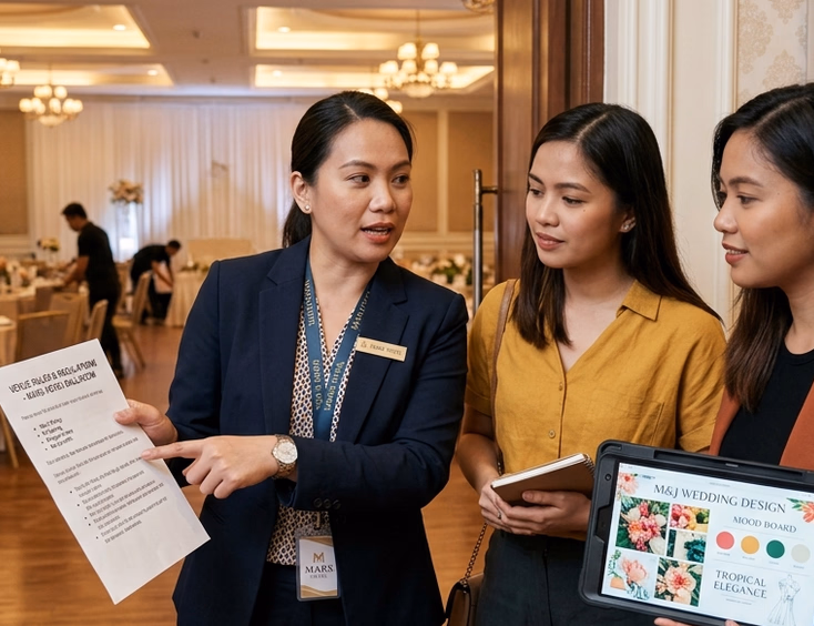 Filipino venue coordinator pointing at a printed venue rules document with a bride and stylist inside a hotel ballroom with no nailing, no open flame, and no confetti signage near the entrance