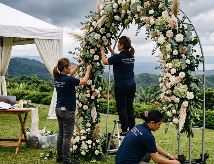 Filipino wedding stylist team adjusting a freestanding floral arch at a Tagaytay outdoor garden venue with weight-secured décor, a no-sparklers notice, and a white tent canopy under overcast skies