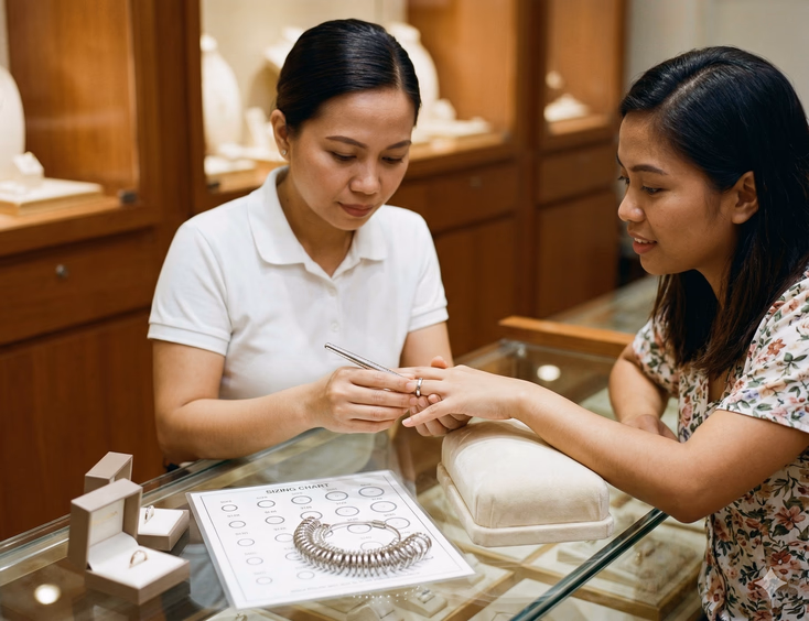 A Filipino female jewelry staff member in her 30s carefully slides a metal ring sizer onto the ring finger of a Filipina customer in her late 20s inside a warmly lit jewelry shop. The customer's left hand rests palm-down on a cream velvet pad on a glass counter. A ring sizer set, printed sizing chart, and two open ring boxes sit nearby. The jeweler's expression is focused and professional; the customer looks attentive and engaged.