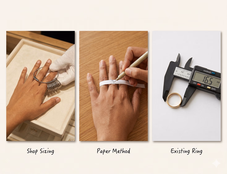 An instructional triptych showing three ring sizing methods using the same Filipino woman's hand. Left panel: a jeweler slides a metal ring sizer onto her ring finger in a jewelry shop. Center panel: she wraps a paper strip around her finger at home and marks the overlap with a pen. Right panel: a gold ring lies flat on a white surface while a digital caliper measures its inner diameter in millimeters. Small handwritten labels read 'Shop Sizing,' 'Paper Method,' and 'Existing Ring.