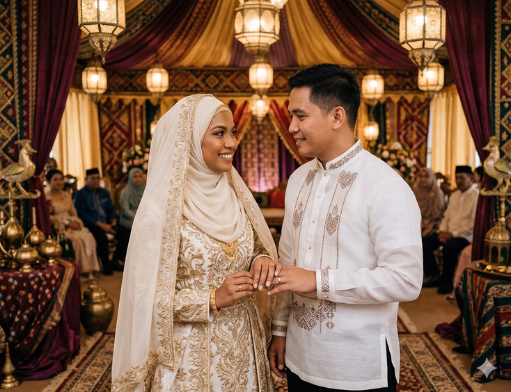 A Muslim Filipino couple in their late 20s stand facing each other inside a beautifully decorated Filipino Muslim wedding venue. The bride wears an elegant ivory and gold Maranao-inspired wedding gown with intricate embroidery and a softly draped ivory hijab with gold trim; the groom wears a formal white barong with traditional Bangsamoro geometric embroidery at the collar and cuffs. Their left hands are joined gently between them — a delicate gold ring visible on her ring finger and a plain silver band on his. Both expressions are calm and quietly joyful. Behind them, rich burgundy and gold fabric draping, intricate geometric lanterns, and traditional Bangsamoro brass decorative elements create a warm, culturally rich atmosphere.