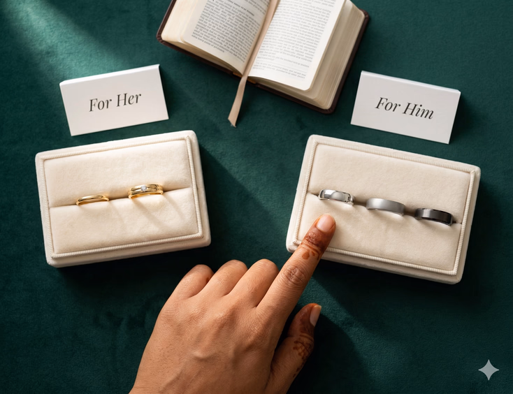 An instructional flat-lay on a dark green velvet surface showing two side-by-side ring displays. On the left, a white card labeled 'For Her' accompanies a delicate gold wedding band and a slightly wider gold ring with a small stone accent on a cream velvet pad. On the right, a card labeled 'For Him' accompanies three non-gold options on a separate pad — a plain polished silver band, a matte platinum band, and a dark titanium band. A slightly out-of-focus open book with a ribbon bookmark sits between the two displays. A Muslim Filipina woman's hand with warm brown skin and hennaed fingers enters from the bottom, index finger pointing gently toward the silver band on the men's side.