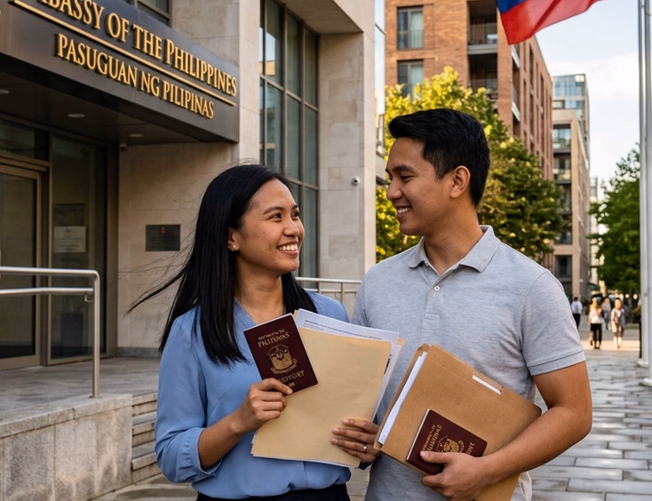 Filipino couple arriving at a Philippine Embassy abroad with passport and documents for marriage requirements processing.