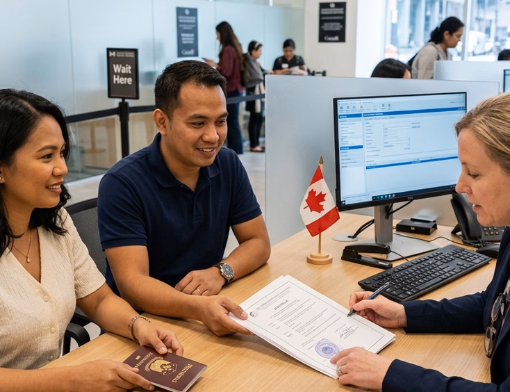 Filipino couple submitting apostilled PSA documents and a Philippine passport to a foreign marriage registrar at a civil registry office abroad.